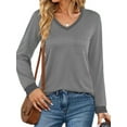 thumbnail image 2 of MOSHU Color Block T Shirts for Women V Neck Long Sleeve Womens Shirts Loose Fall Tops with Pocket, 2 of 8