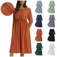 thumbnail image 5 of Chiccall Womens Fall Dresses Long Sleeve Pleated V Neck Elastic Waist Drawstring Textured Midi Dresses Loose Lightweight Solid Vintage Elegant Buttons Flowy Long Dresses, 5 of 5