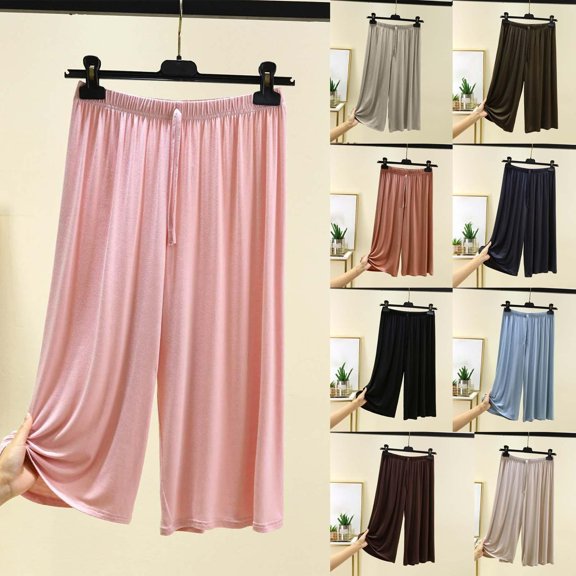 SBYOJLPB Women's Capris Pants Elastic Waist Leisure Home Solid Color Cropped Pants