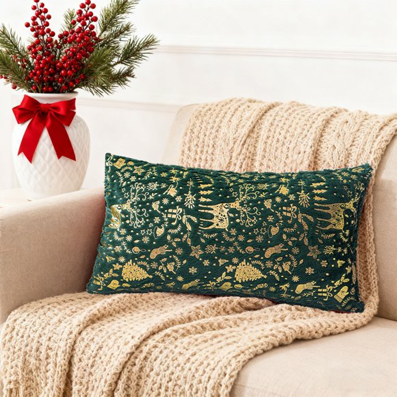 Gold Foil Christmas Pillow Cover Decorative Elk Bell Print Cushion Case for Holiday Home Decor Sofa Bedroom Living Room Festive Throw Pillowcase