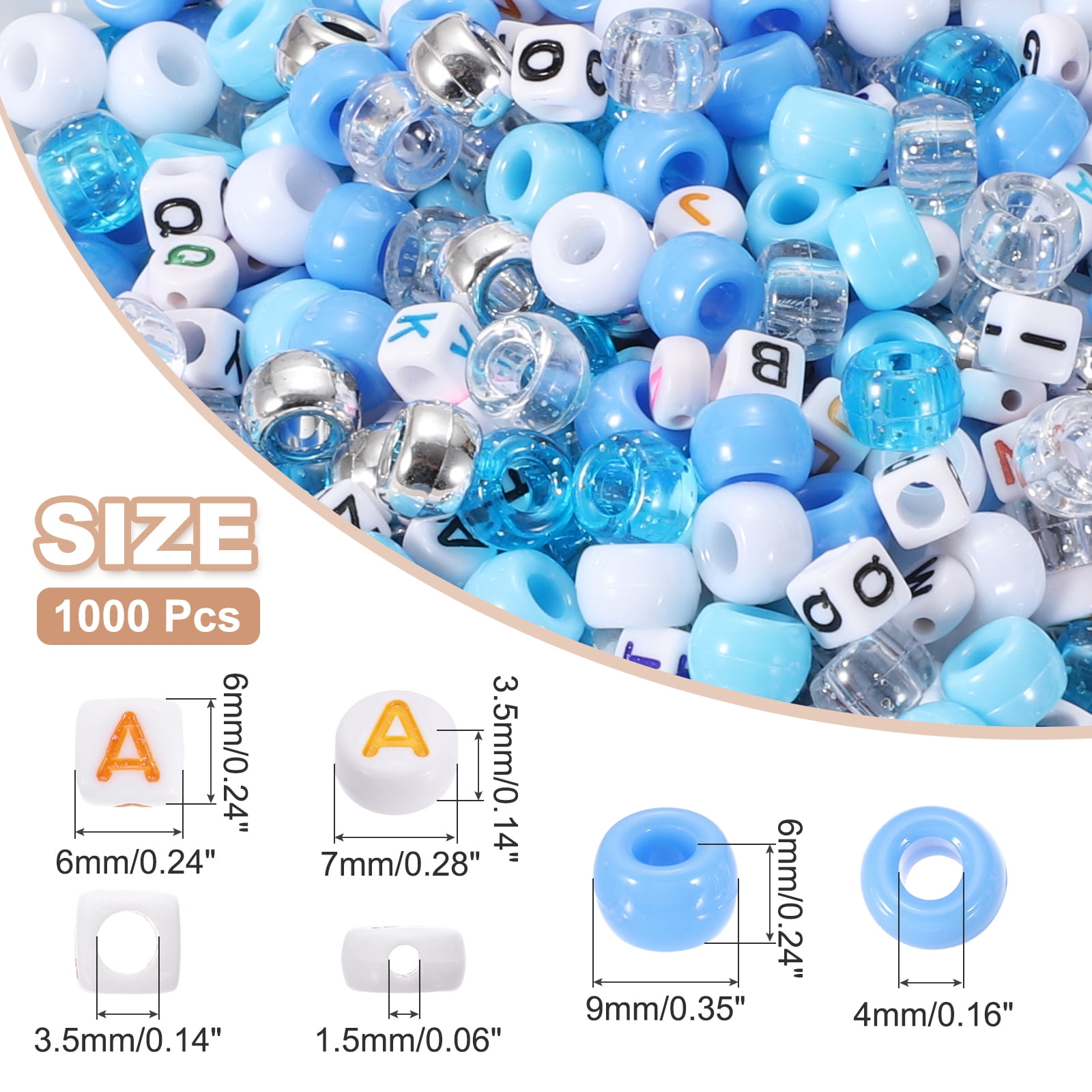 Uxcell 1000 Pcs Pony Beads 6 x 9 mm Acrylic Friendship Bracelet Making Kit with Letter Bead, Light Blue
