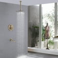 thumbnail image 2 of Pressured-Balanced Ceiling Mounted Round Rainfall Shower Head with Rotatable 180 Degree Tub Spout, Brushed Gold Complete Shower System with Rough-in Valve, 2 of 5