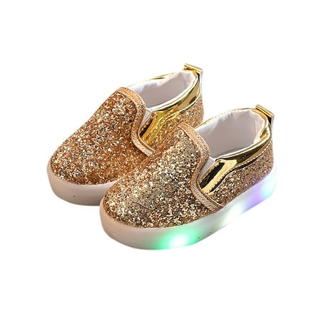 Tao Tao Toddle Girl s Light Up Sequins Slip On Loafers Flashing LED Casual Shoes Flat Sneakers Gold 2 Years