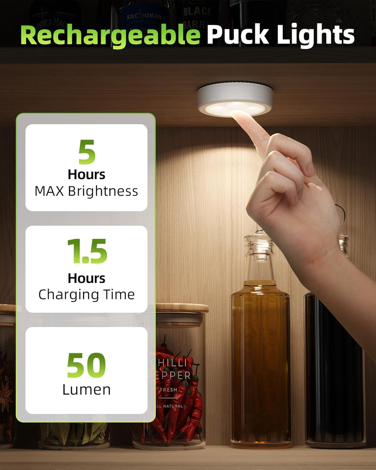 RGHJAR-LED Puck Lights, Rechargeable Sitck On Tap Lights, Wireless Closet Light, 3 Color Temps, Under Cabinet Lights, 2.5'' Mini Touch Light, Ideal for Kitchen,Closet,Pantry,Shelves,Camper(6 Pack)