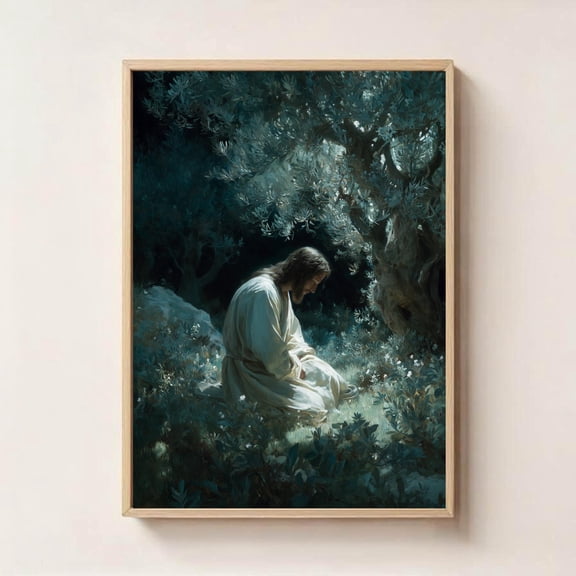 Jesus Praying In Gethsemane Art Print | Garden Of Olives Christian Art | Faith Religious Wall Decor | Divine Peace Art, Bible Art UNFRAMED Poster, Wall Art for Decor, Present, 8x12