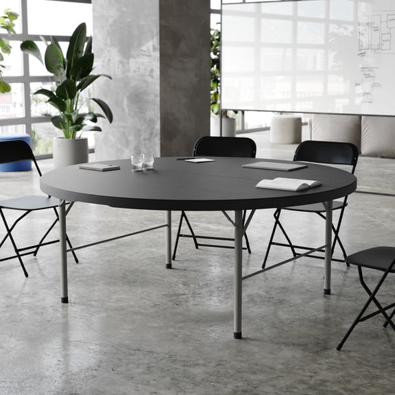 Flash Furniture 5.89-Foot Round Bi-Fold Granite Black Plastic Banquet and Event Folding Table with Carrying Handle