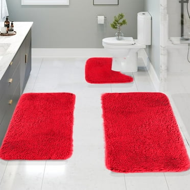 Kezqiaxn Clearance! Large Bathroom Rug Sets of 3, Solid Color Bath Mats Bathroom Rugs Non Slip Washable Toilet Rugs Soft Comfortable Water Absorption Thick Memory Foam Bath Mat Carpet Red