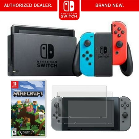 Nintendo Switch 32 GB Console with Neon Blue and Red Joy-Con (HACSKABAA) with Switch Minecraft & Tempered Glass Screen Protector for Nintendo Switch 2017 (2-Pack)