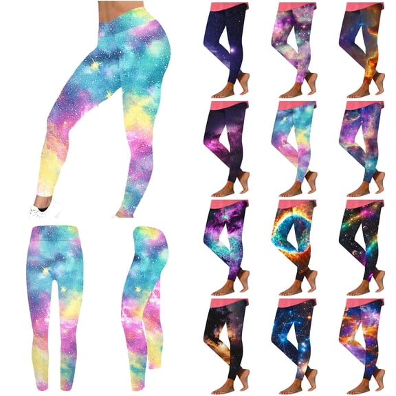 lcziwo Printed Leggings for Women Funny Galaxy Graphic Colorful Tights High Waisted Workout Gym Running Yoga Pants Dark Blue XL