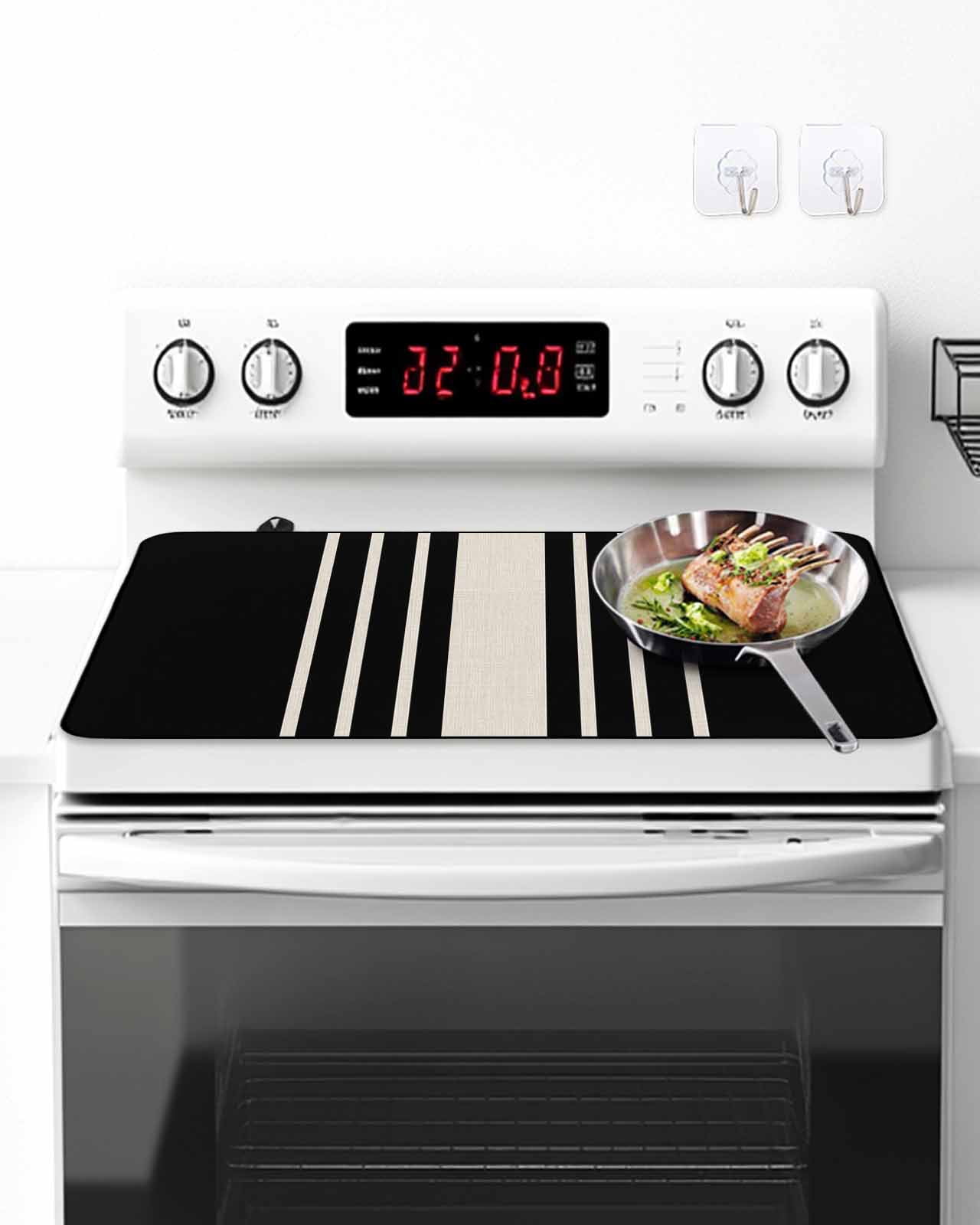 Stove Top Covers for Electric Stove, Black Beige Striped Glass Stovetop Cover Protector, Modern Farmhouse Retro Lines Induction Cooktop Protector Oven Mat for Kitchen Countertop 24"x21"