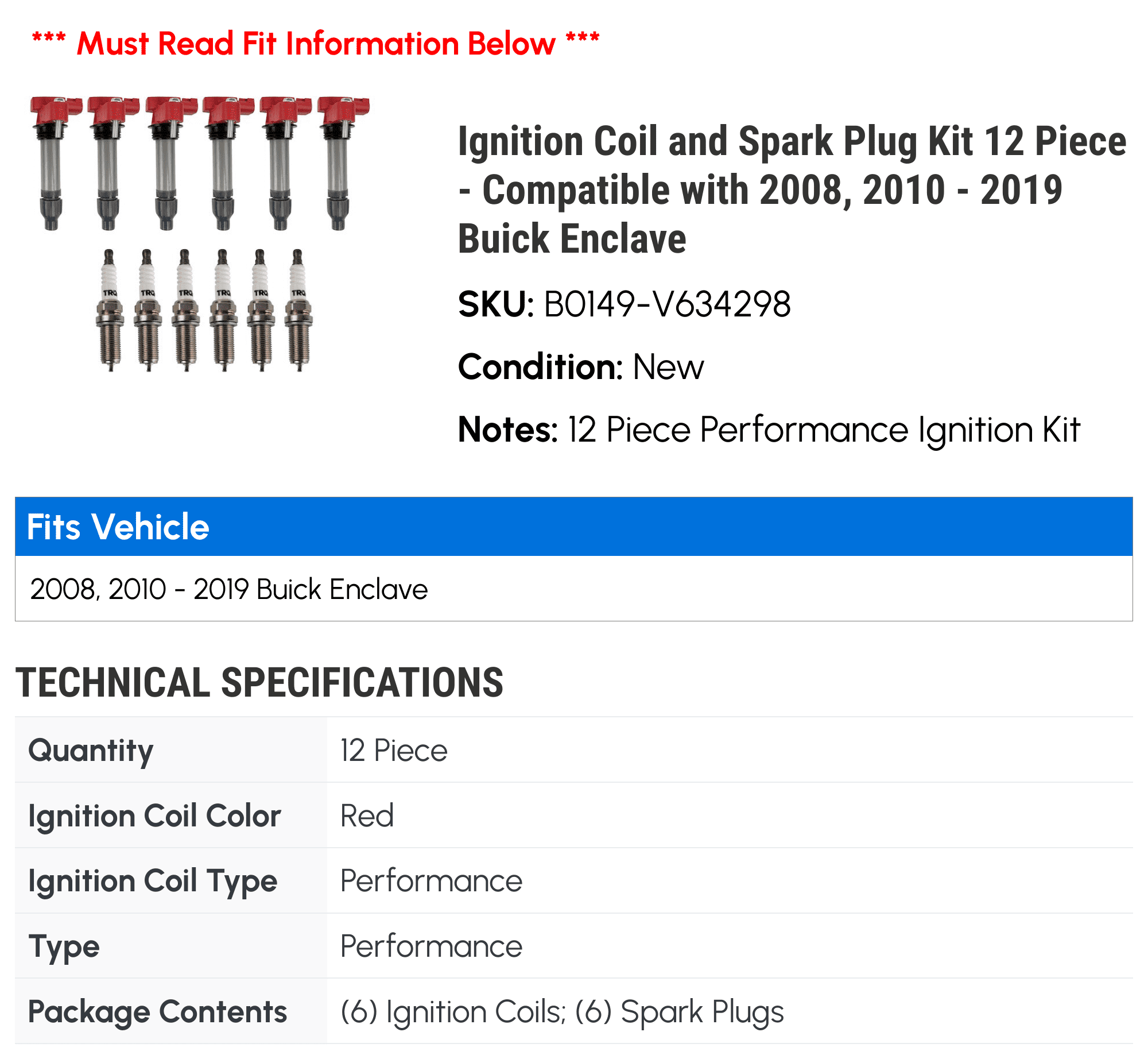 Ignition Coil and Spark Plug Kit 12 Piece - Compatible with 2008, 2010 - 2019 Buick Enclave 2011 2012 2013 2014 2015 2016 2017 2018
