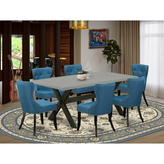East West Furniture X697SI121-7 7-Pc Dinette Set- 6 Parson Chairs with Blue Linen Fabric Seat and Button Tufted Chair Back - Rectangular Table Top & Wooden Cross Legs - Cement and Black Finish