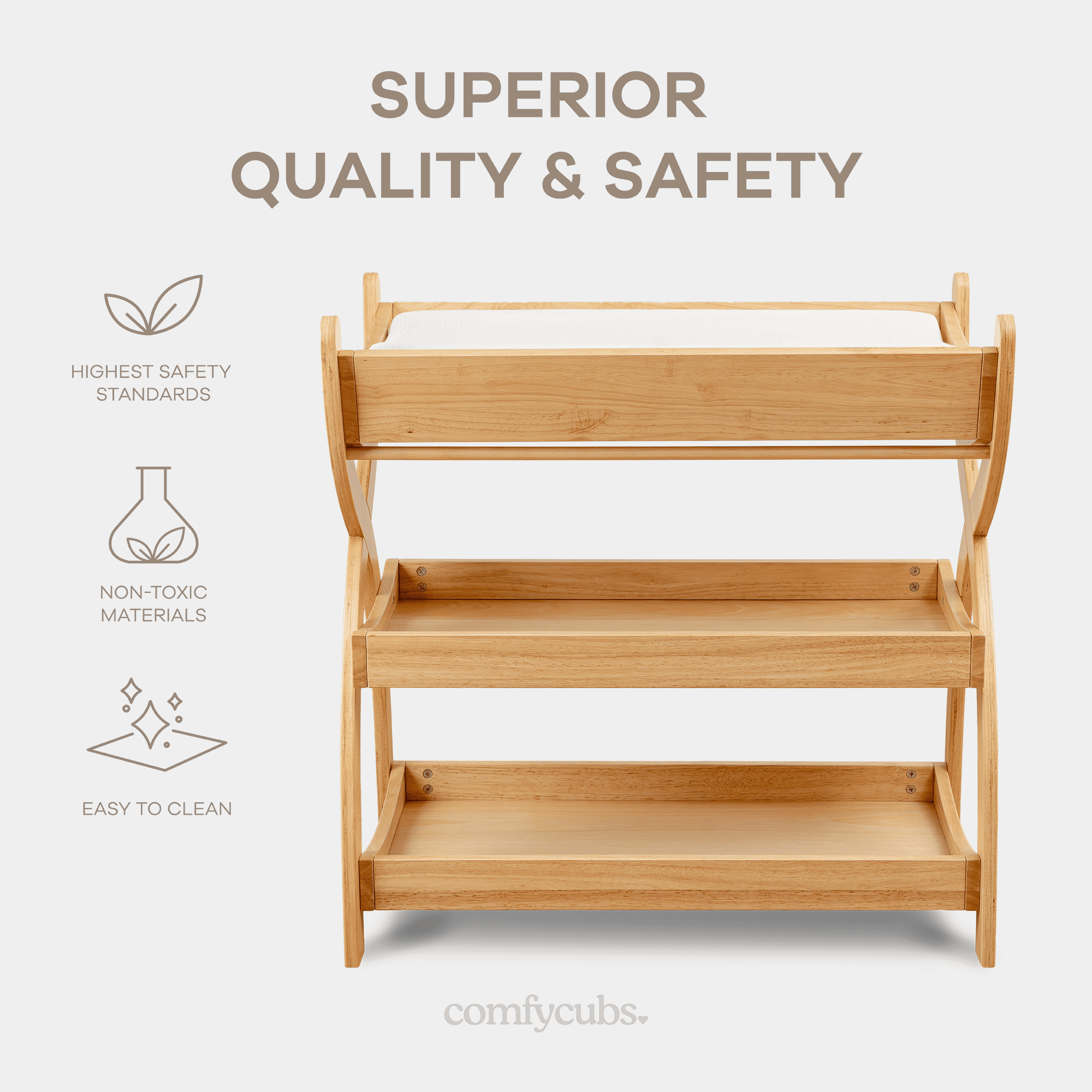Comfy Cubs Baby Changing Table with Two Open Shelves for Storage - Natural Wood
