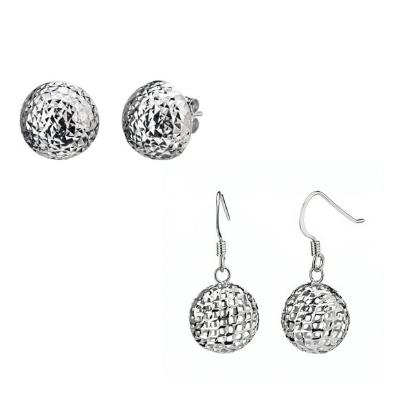 Sterling Silver Set of Mesh Drop Earrings and Diamond Cut Stud Earrings