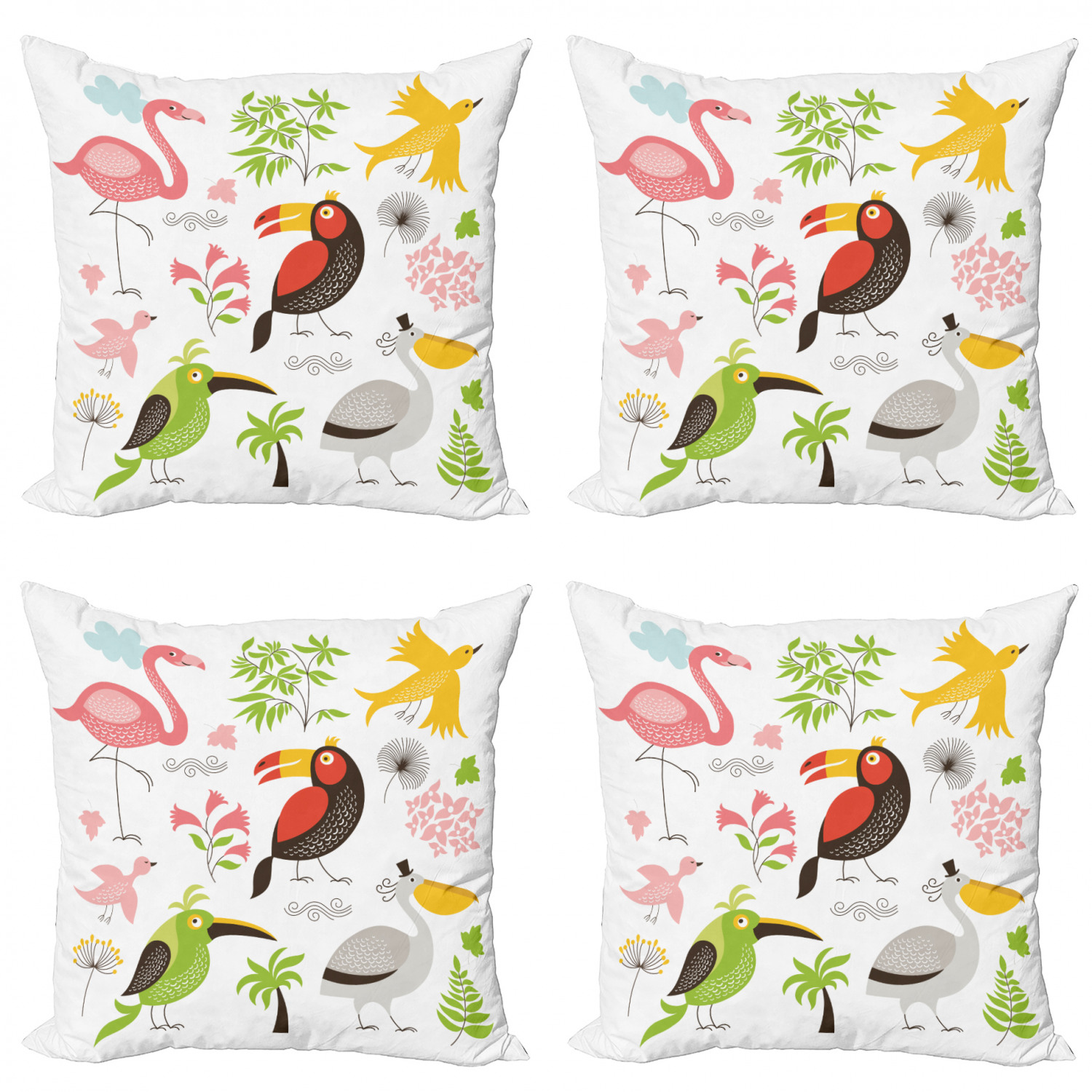 Birds Throw Pillow Cushion Case Pack of 4, Tropical Themed Exotic Birds