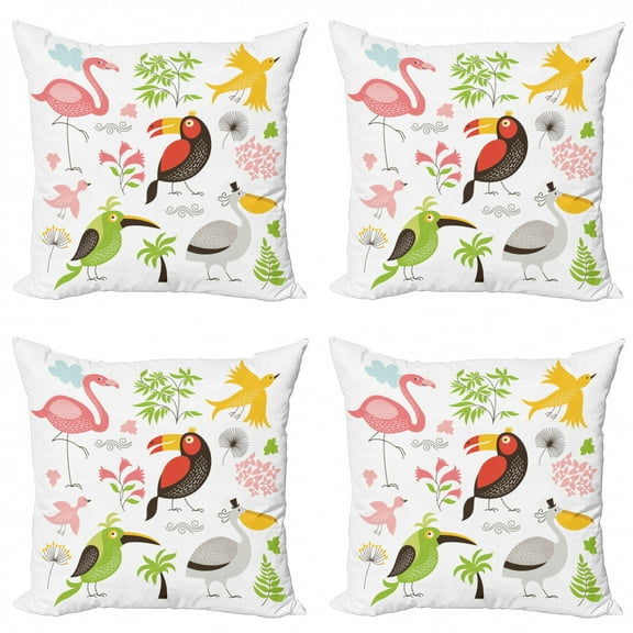 Ambesonne Birds Throw Pillow Cover 4 Pack, Flamingo and Pelican, 16", Multicolor