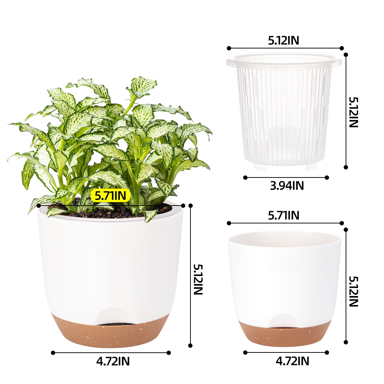 QCQHDU 5.8 Inch Self Watering Planters for Indoor Plants with Bottom Watering,2Pack Flower Plant Pots for Outdoor with Drainage, Durable Plastic planters Pots(White)