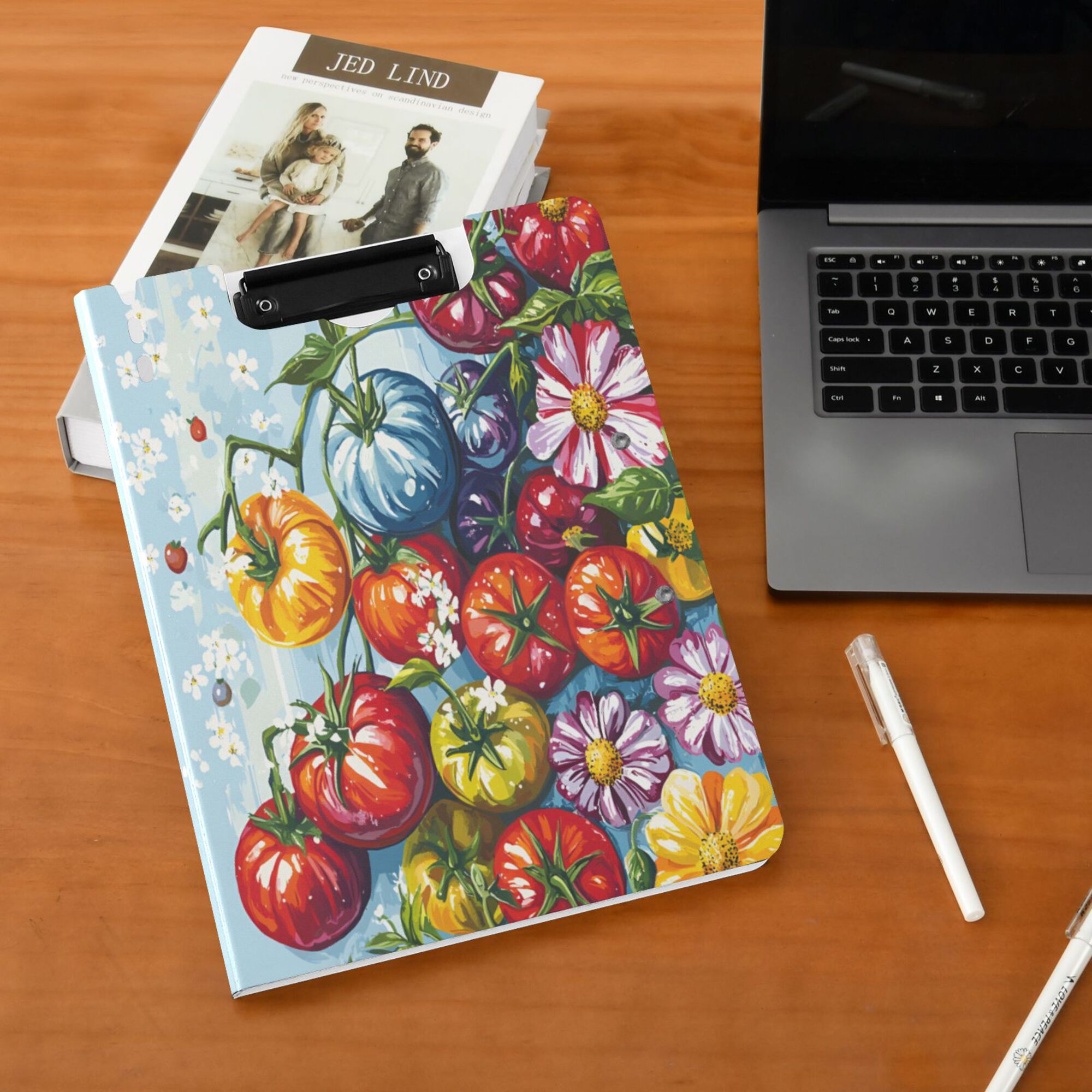 FORMRS A4 Clipboard Folder with Pen Holder Horizontal Foldable School Office Binder, Blue Floral Tomatoes