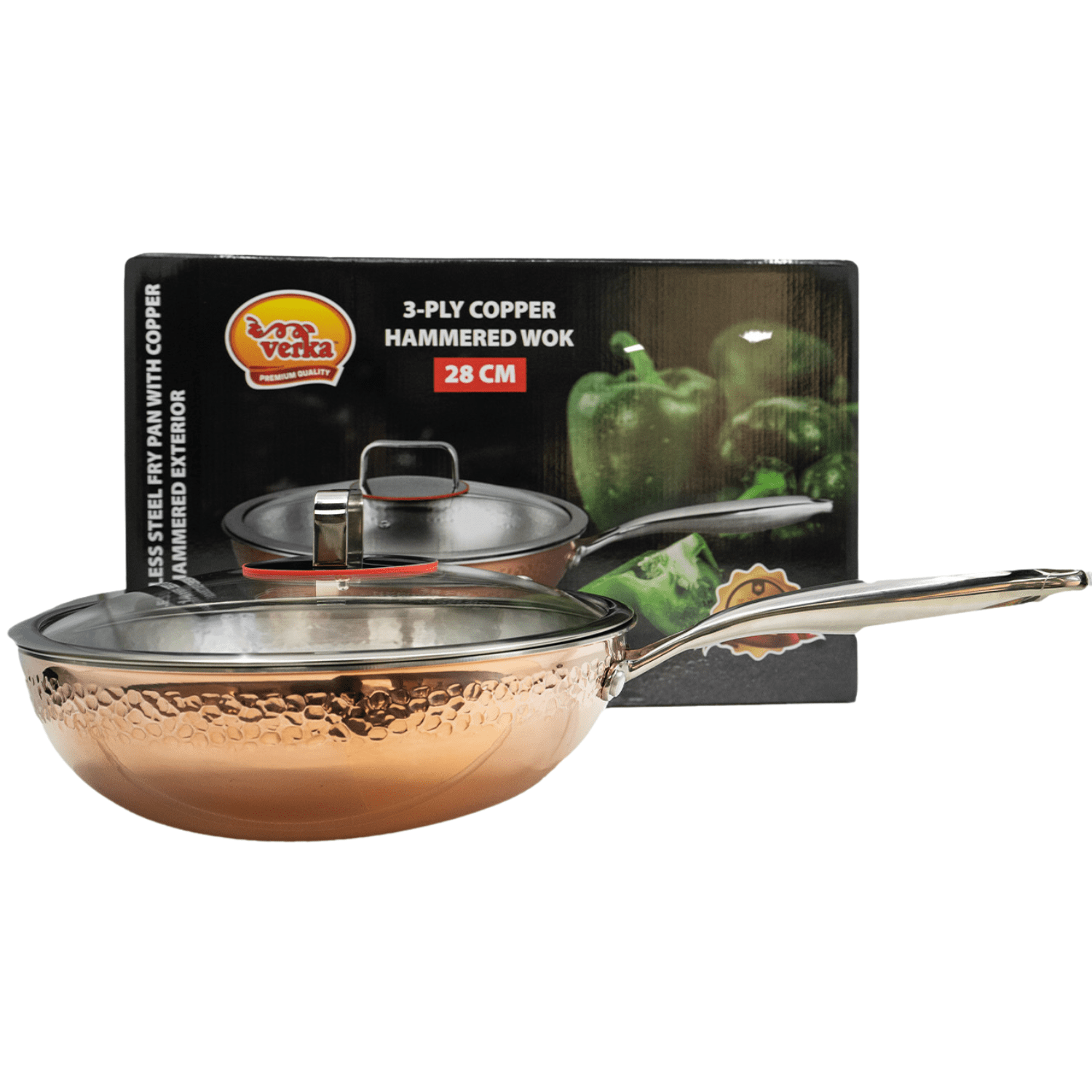Verka 3-Ply Stainless Steel Copper Hammered Wok, 28cm