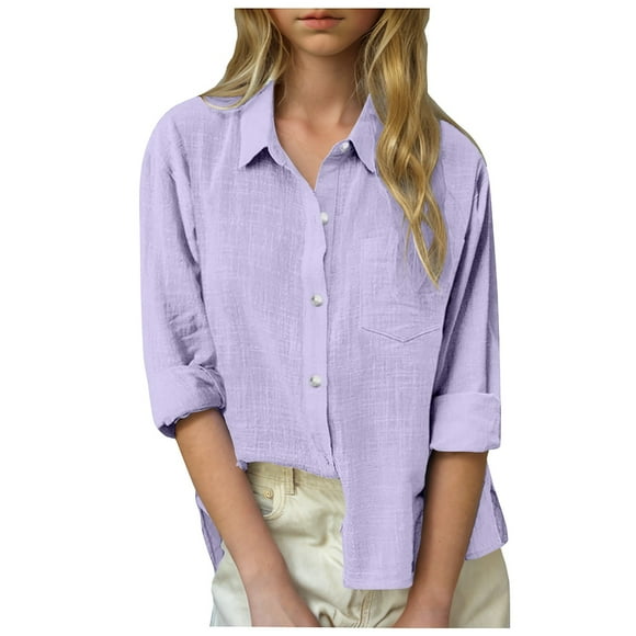 LUOGENLI T Shirt for Girls Kids Linen Shirt Long Sleeve Pleated Button down Blouse Spring Summer Casual Loose Fit Lightweight Tops Maxi Shirts for Girls Summer White Purple 5-6 Years