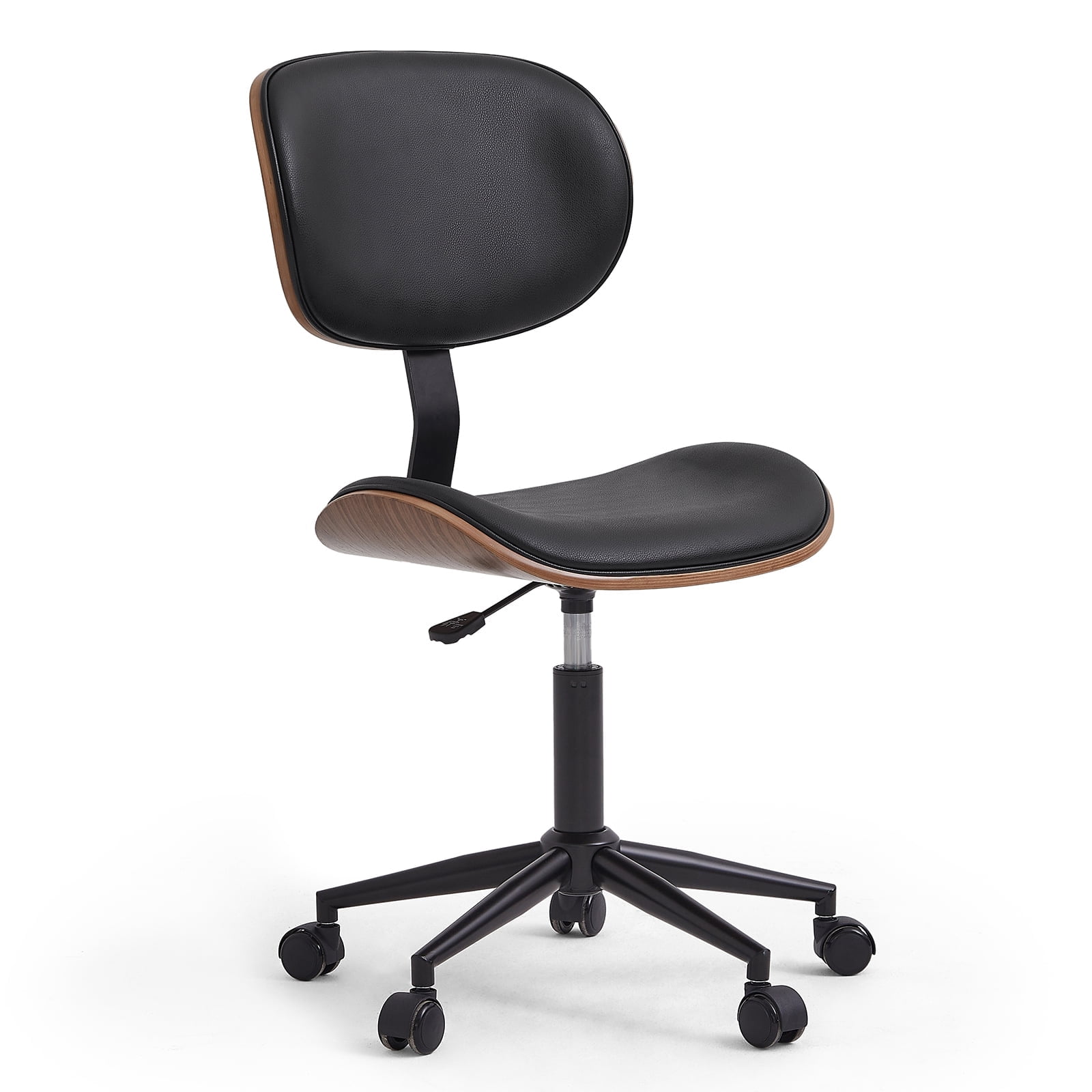 Bestier Bentwood Ergonomic Armless Office Desk Chair with Wheels, Comfy Computer Chair with Lumbar Support, PU Leather Mid Back Adjustable Height 360° Rolling Swivel Task Chair No Arm for Home, Black