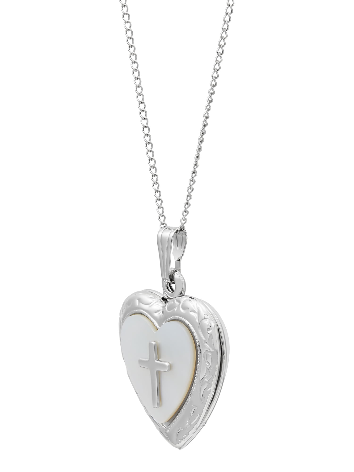 Brilliance Fine Jewelry Mother of Pearl with Cross Locket Heart Pendant in Sterling Silver, 18"