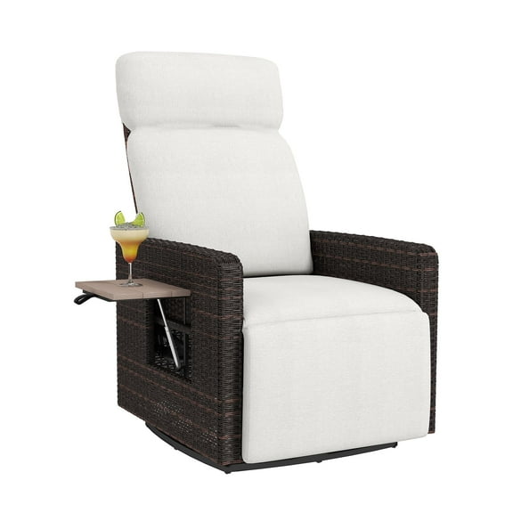 kinbor Outdoor Recliner Chair - High Back Patio 360° Swivel Chair with Flip Side Table, Removable Cushion & Footrest (White)