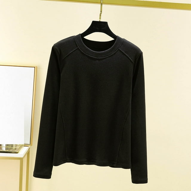 Pijama de manga larga para mujer, moda de invierno, terciopelo, color liso, cuello redondo, manga larga, parte inferior, camisa cálida, ropa de casa, pijamas, blusa de poliéster para mujer