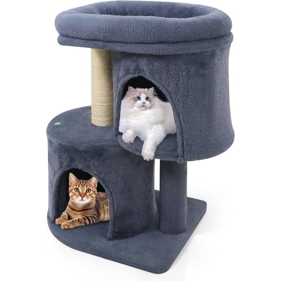 BarefHaven Small Cat Tree for Indoor Cats, 26 Inch Cat Tower with Sisal Scratching Posts, Dual Cat Condos with Large Padded Push Perch, Modern Cat Climbing Furniture Activity Center (Dark Grey)