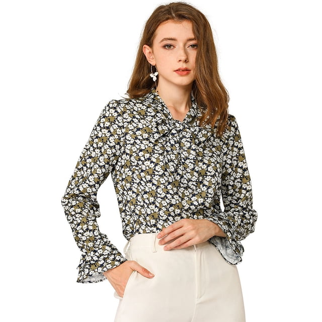 INSPIRE CHIC Blusa con cuello en V y lazo floral para mujer, camisa de manga larga con volantes y trompeta vintage, top Blanco negro S