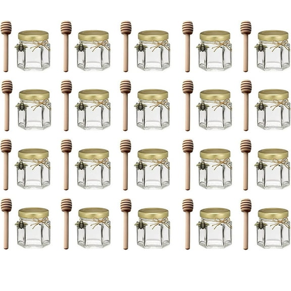Mini Honey Jar Favors Empty Glass Honey Jars with Gold Lids Wooden Dipper Set