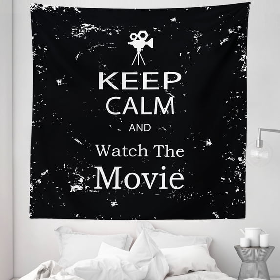 Keep Calm Tapestry, Watch the Movie Words for Film Buffs Grungy Weathered Backdrop with Old Camera, Fabric Wall Hanging Decor for Bedroom Living Room Dorm, 5 Sizes, Black White, by Ambesonne