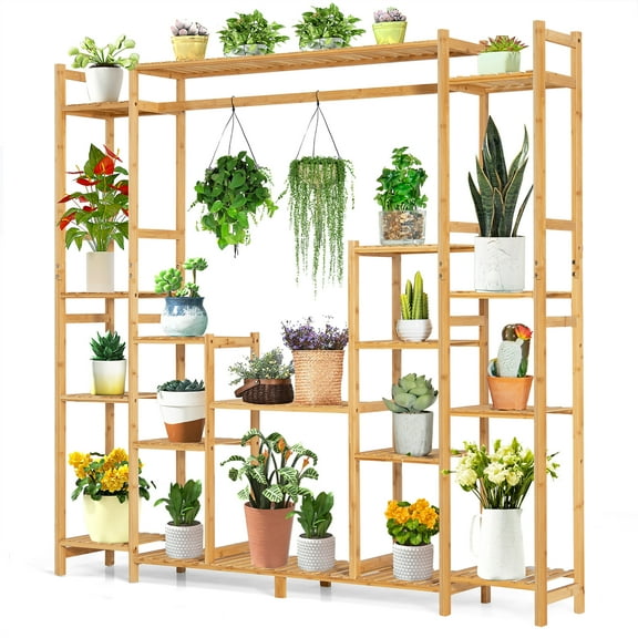 Costway 9-Tier Bamboo Plant Stand Potted Holder w/Hanging Rack Tall Display Shelf Unit