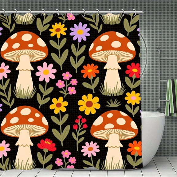 Boho Mushroom Print Shower Curtain,Modern Fabric Waterproof Shower Curtain Set with Hooks 70.8×70.8Inch (180×180cm)