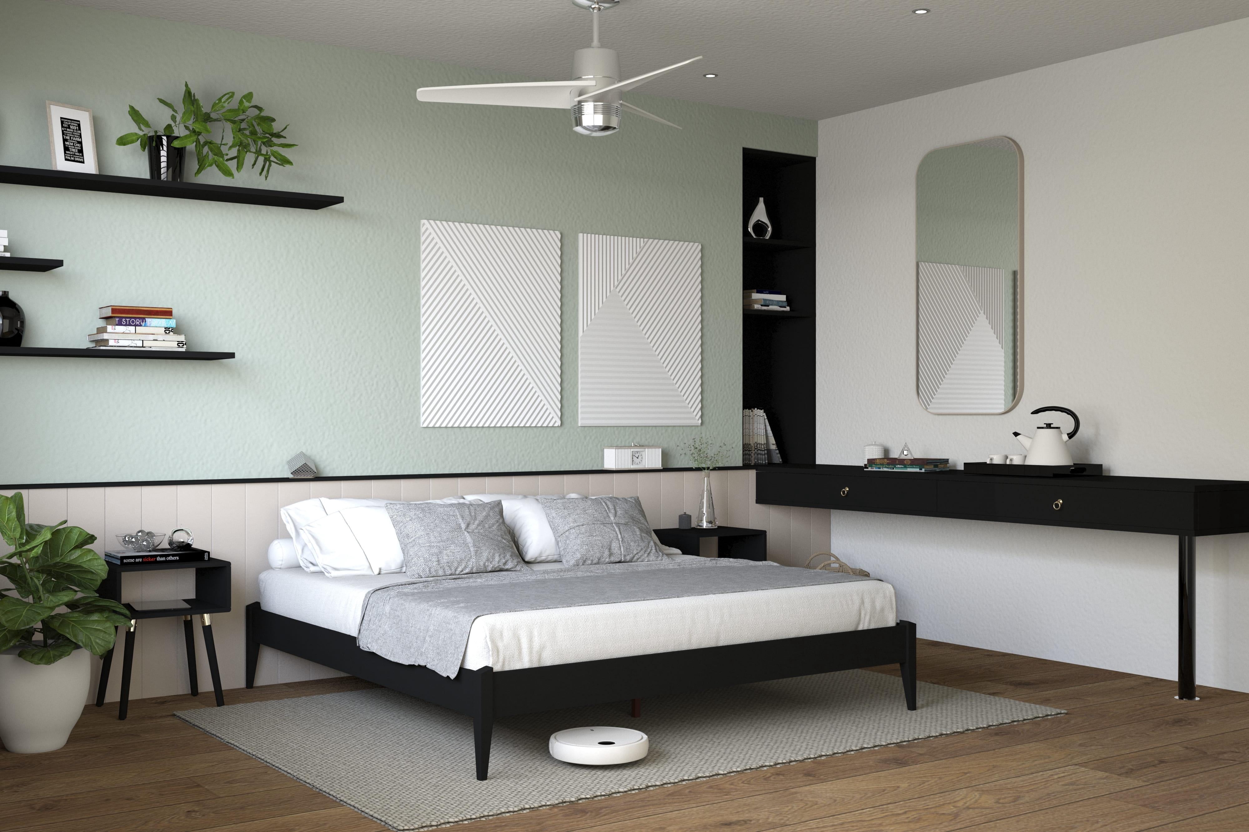Keelin 15" King Size Platform Bed Frame, Modern, Solid Wood Bed, Ivory Black