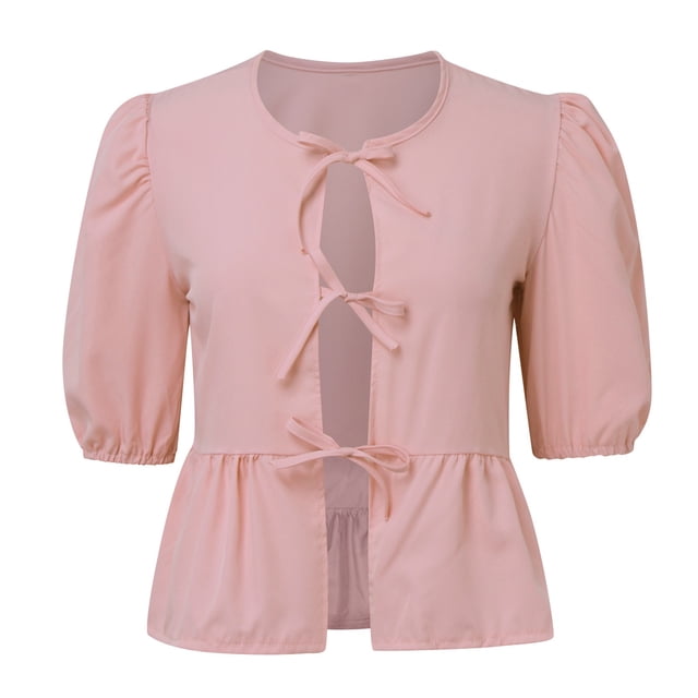 Spring Tops for Women Strap Front Top Leopard Print Ruffle 3/4 Length Puff Sleeve Hat Womens Shirts Pink XL