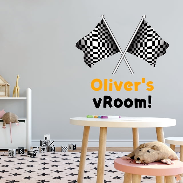 Sports Personalized Wall Decals for Boys Bedroom - Waving Checkered Flags DIY & Creativity Custom Name Wall Sticker - Size: 36 In x 40 In