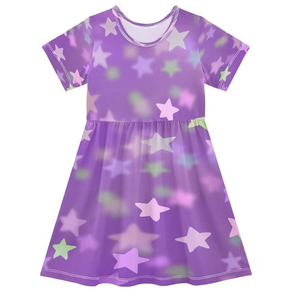 Girls Short Sleeve A-Line Dress Purple Stars Pastel Colors Play Dress Sizes 2T