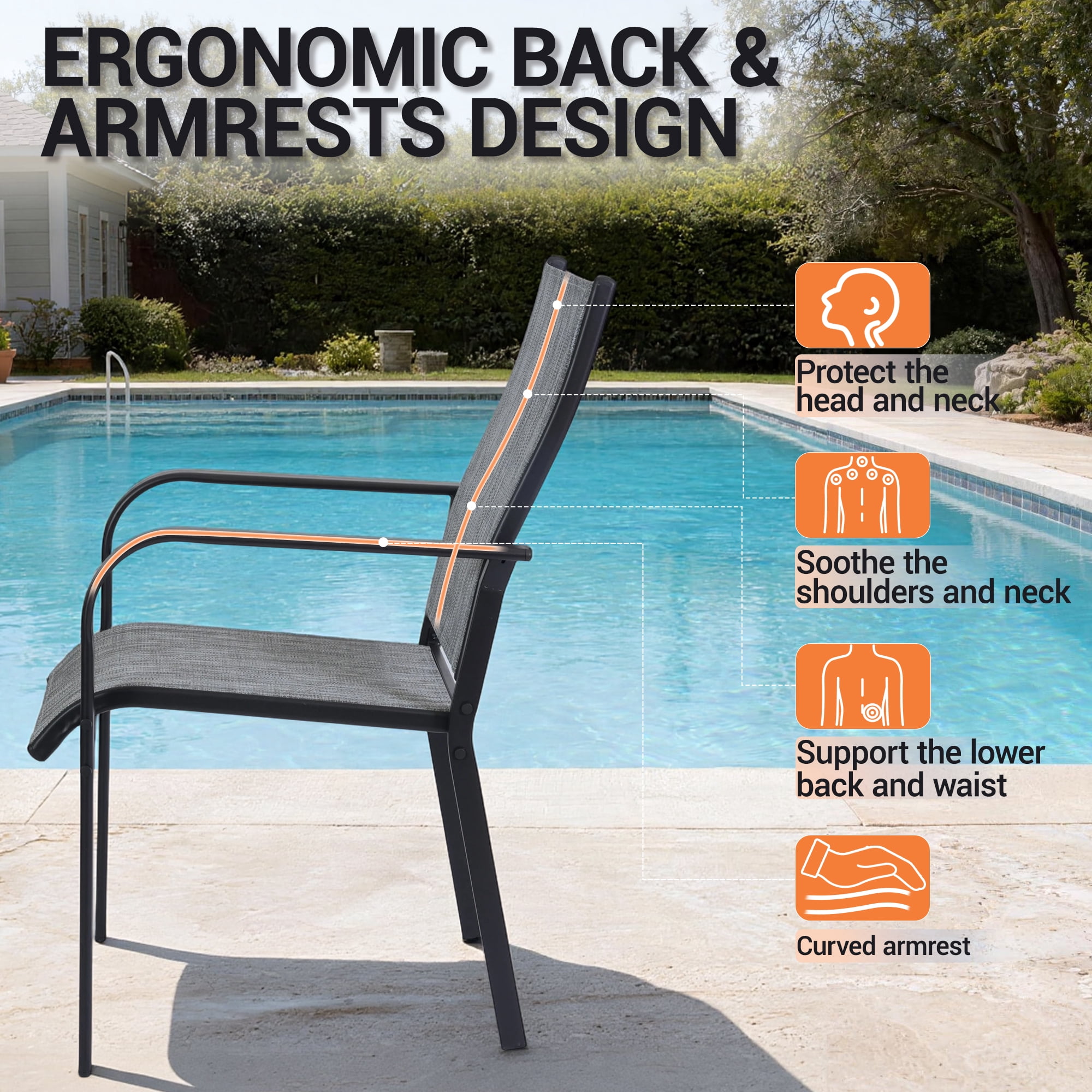 DELMANGO Patio Chairs Set of 4, Outdoor Dining Chairs High Back, All-Weather Padded Textilene Dining Chair for Lawn Porch Garden,Grey