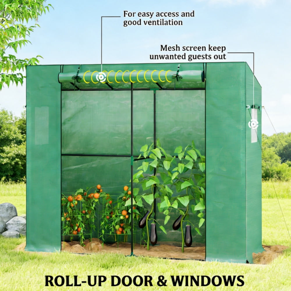 Lean-to-Wall Mini Greenhouse Green UV-Resistant PE Cover, Roll-Up Door & Mesh Windows, Pent Roof Anti-Rain Accumulation, Stable with Guy Ropes & Ground Stakes