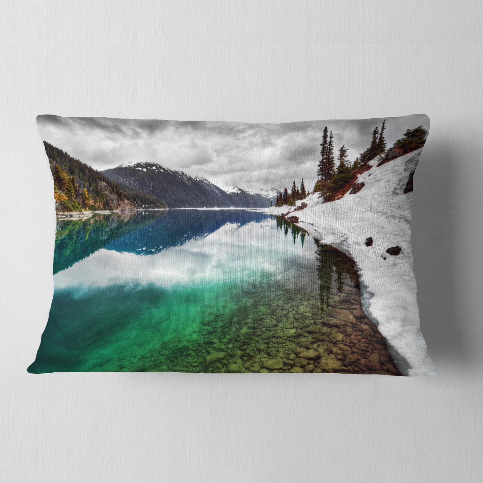 Designart Clear Lake Pine Trees and Mountains - Landscape Printed Throw Pillow - 12x20