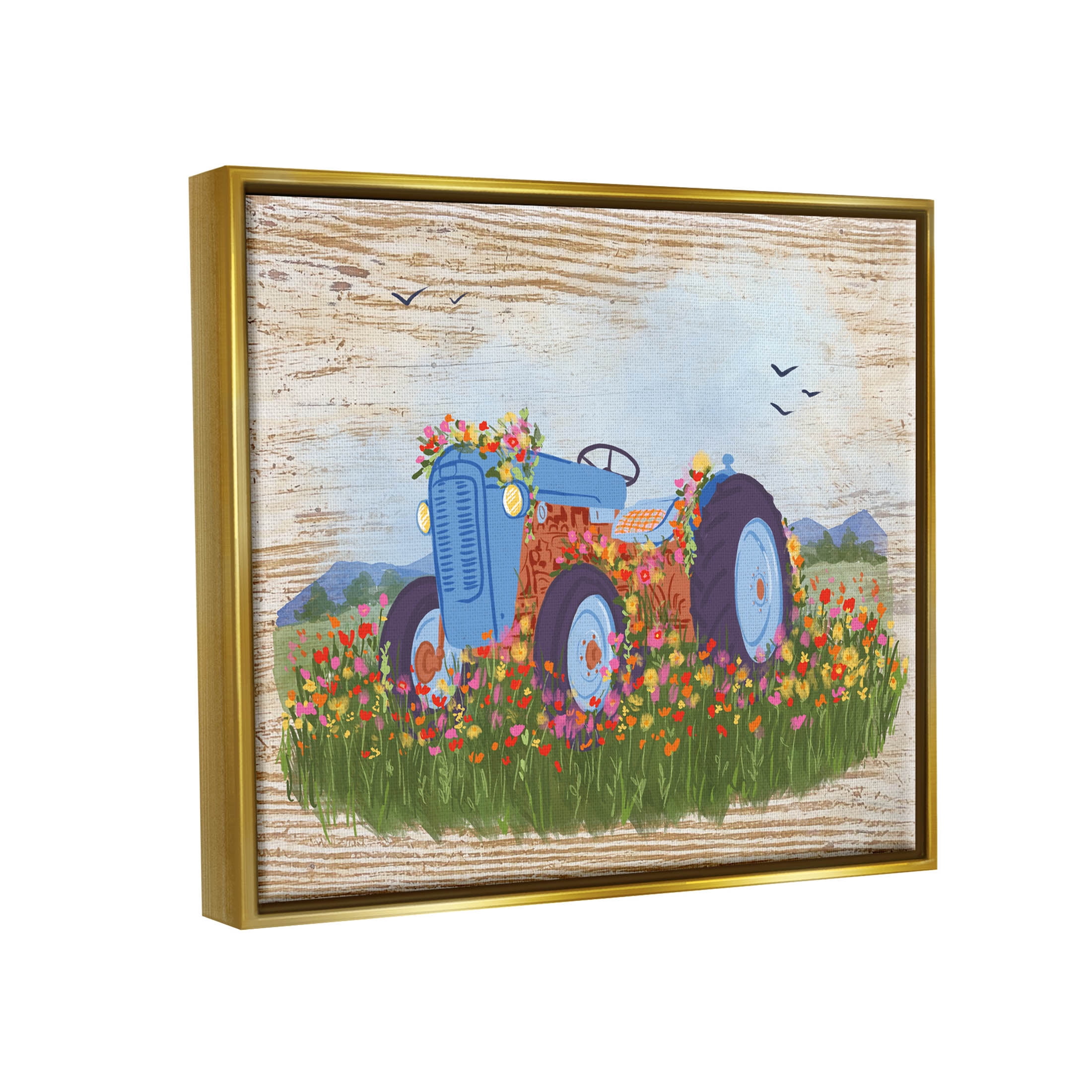 Farmhouse Tractor Floral Blooms Transportation Graphic Art Metallic Gold Framed Art Print Wall Art