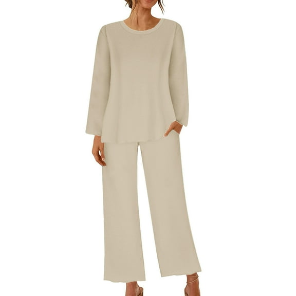 Jacenvly Silk Pajamas for Women Set Light Breathable Holiday Pajamas for Women Color Round Neck Long Sleeve Sleepshirt and Elastic Waist Pants Sets Loungewear Sleepshirt Pajamas Beige