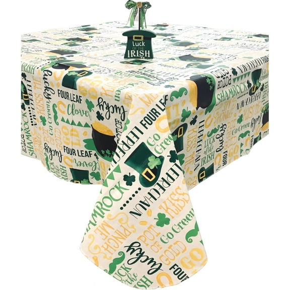 Serafina Home St. Patrick's Day Flannel Back Vinyl Tablecloth: Shamrock Luck of The Irish Pot of Gold Four Leaf Clovers Table Cover, Green White Yellow (52" x 90" Inch)