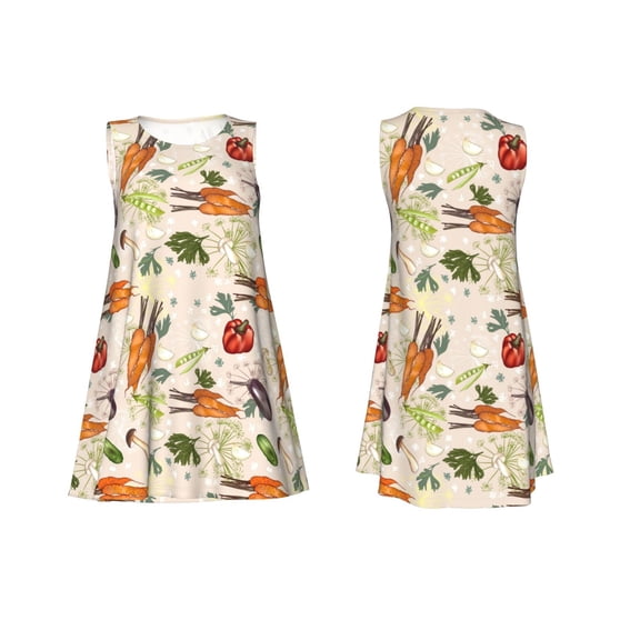 Horeoi Cute Vegetables Print Women's Sleeveless Dress Cotton-like Flared Hem Deep Side Pockets Above-Knee