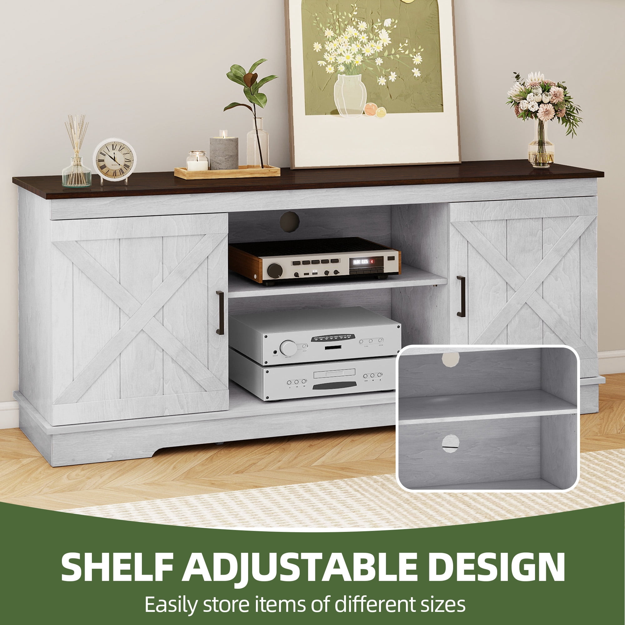 Uforic Farmhouse TV Stand for up 65" TVs, Entertainment Center Console Table for Living Room, Gray White
