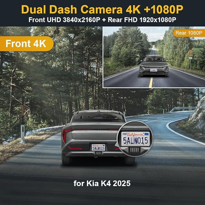 Fitcamx Cámara De Tablero Delantera 4K Trasera 1080P Se Adapta Para Kia K5 2021-2024 (parte N.º L3000) LX LXS GT-Line EX GT, Aspecto De Fábrica OEM, Video HD Dual, WiFi Y Aplicación