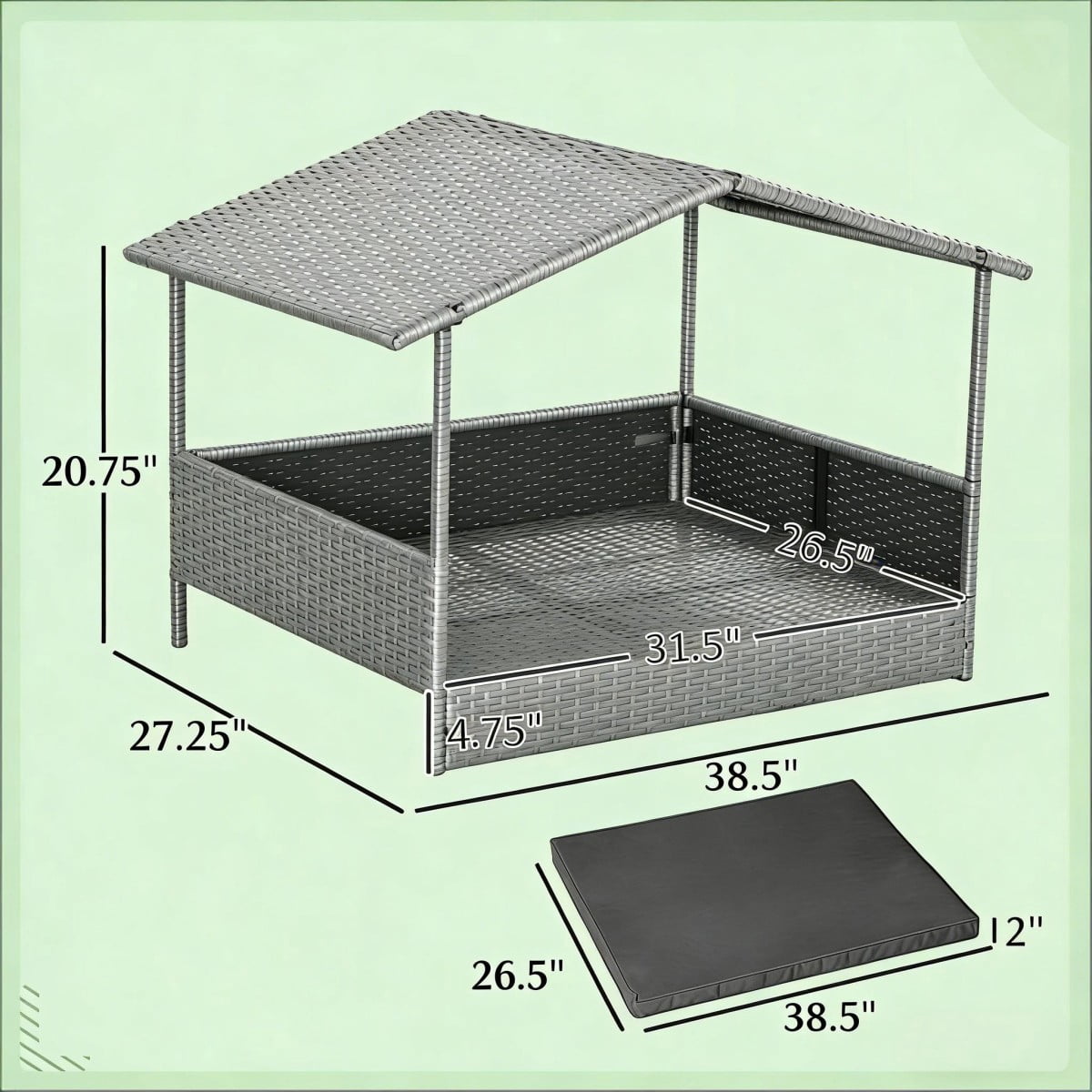 TOPCOMFY Rattan Dog House with Canopy Elevated Base Removable Cushion Weather Resistant Outdoor Indoor Pet Shelter