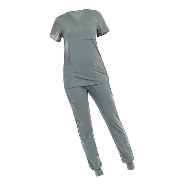 Conjunto de uniforme médico para mujer con múltiples bolsillos, cómodo y profesional, para enfermera. Gris