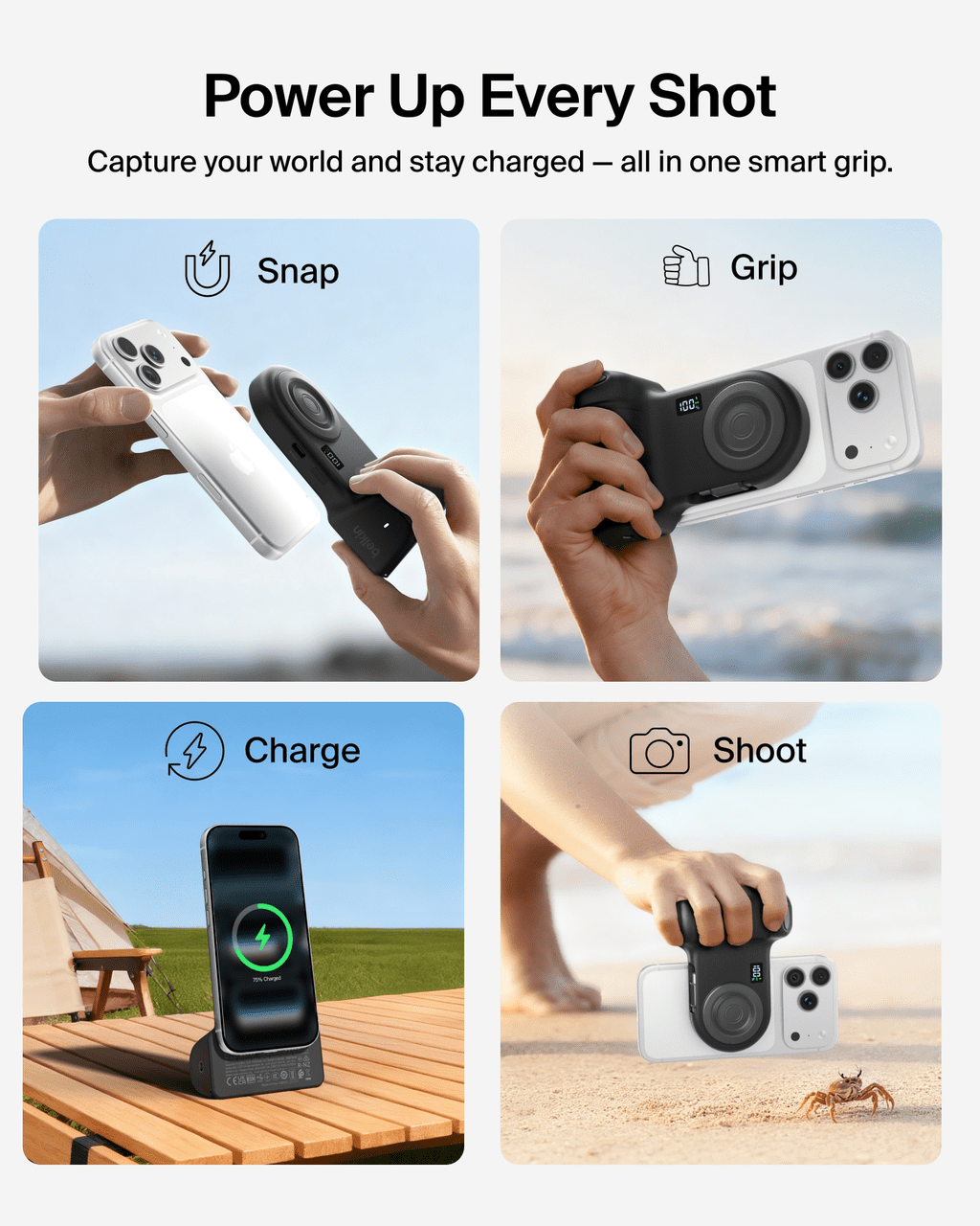Belkin Magnetic Wireless Charging Camera Grip 9300mAh, Power Bank w/ Retractable USB C Cable, Bluetooth Connection, Tripod Attachment, LCD Screen, Ergonomic, Portable Charger for iPhone & Smartphones